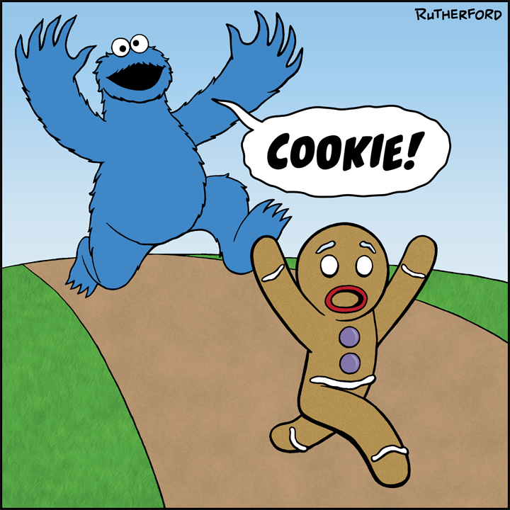 cookie monster chasing gingerbread man cartoon