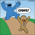 Cookie Monster chasing Gingerbread Man cartoon